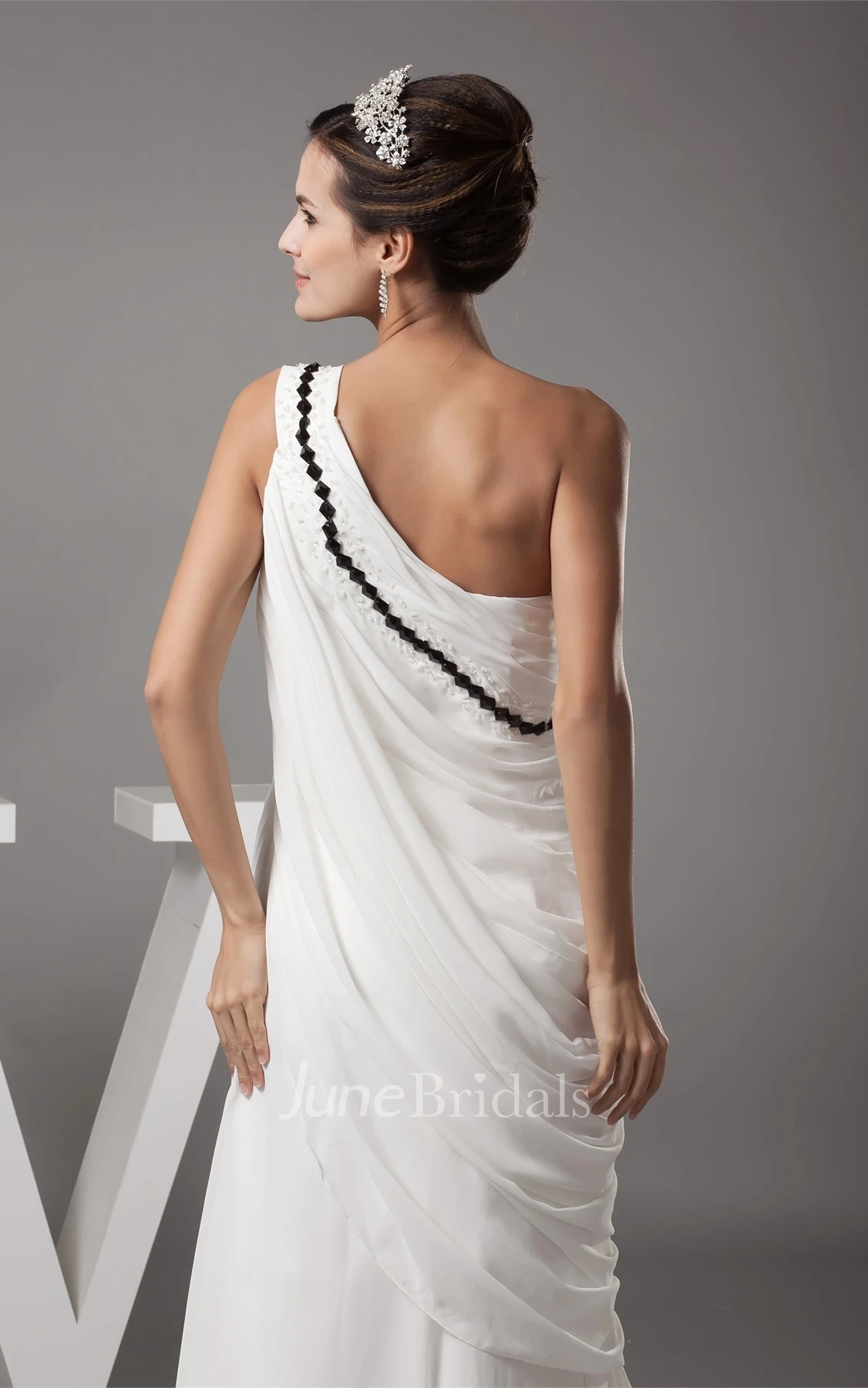 One-Shoulder Ruched A-Line Floor-Length Dress with Ruffles and Sequins