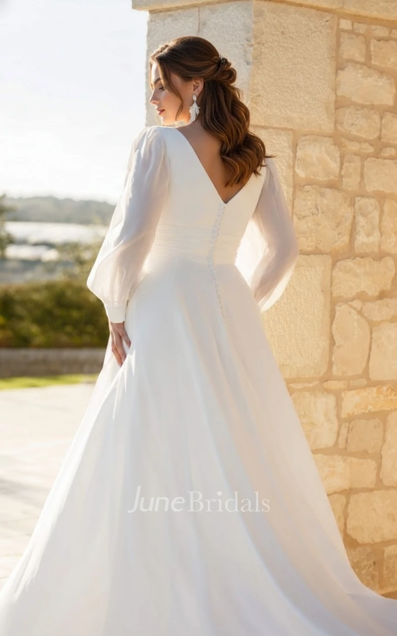 Romantic Plus Size Chiffon Wedding Dress with Long Sleeves and V-Neck A-Line Bridal Gown