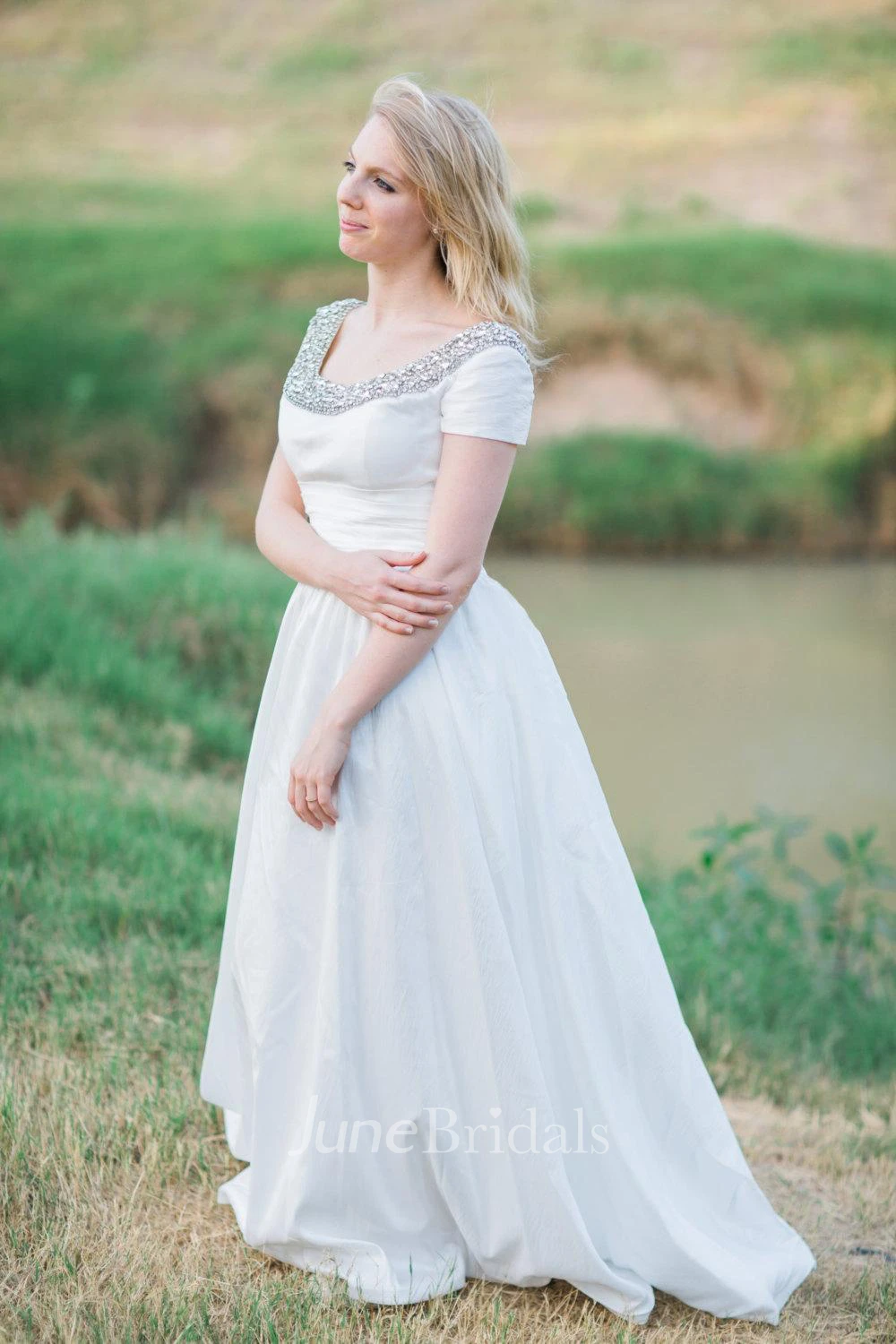 Modest Short Sleeve Beaded Square Neck Ruched A-Line Taffeta Wedding Dress