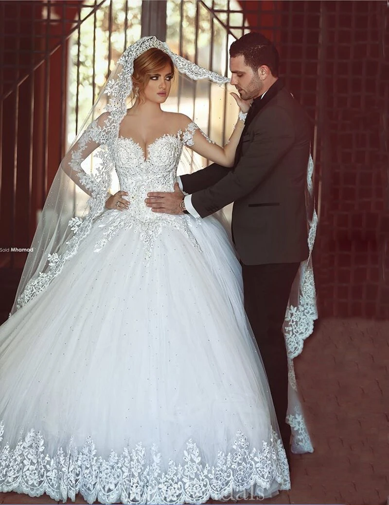 Gorgeous Long Sleeve Lace Ball Gown Wedding Dress With Train on Sale