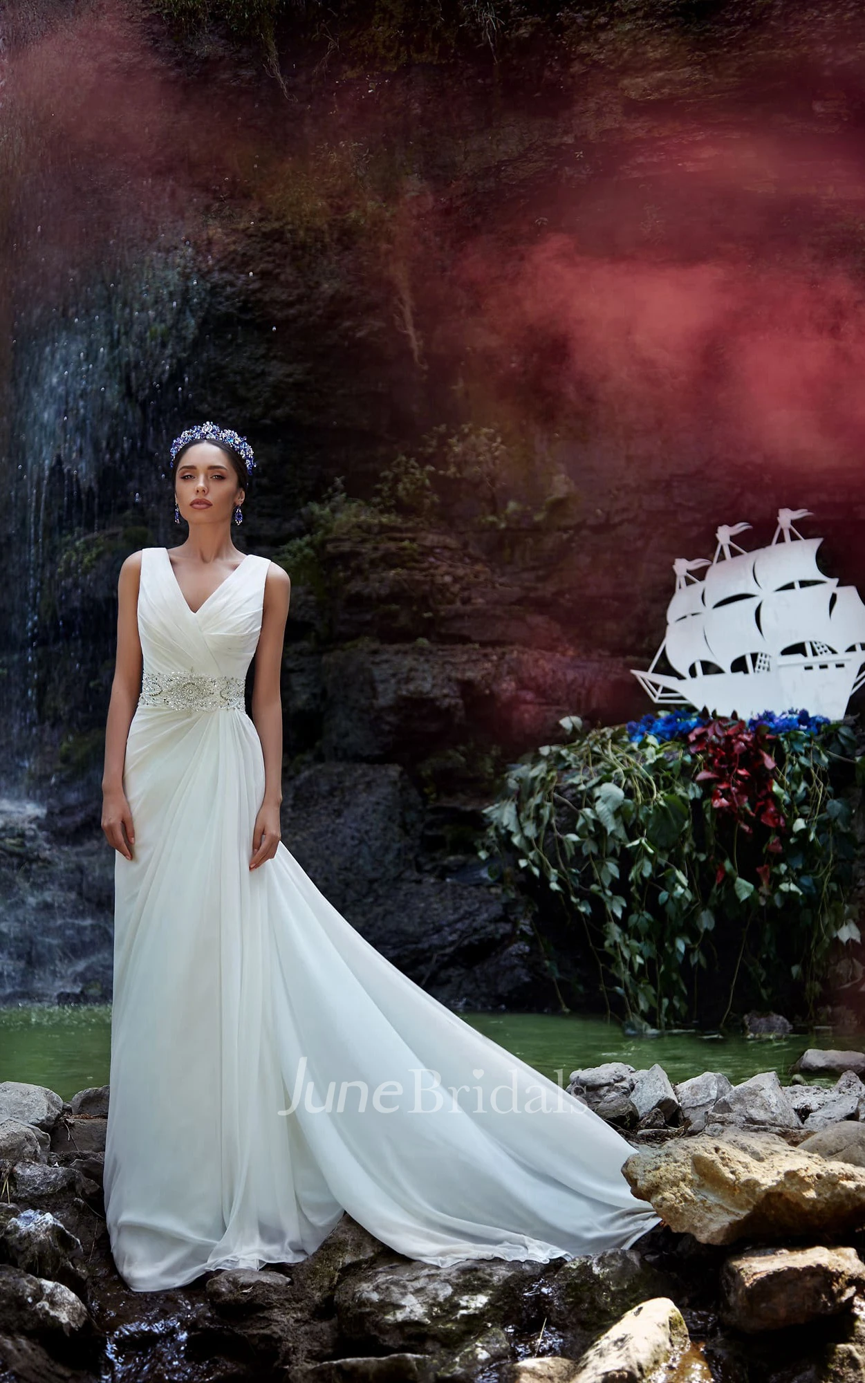 A-Line Long V-Neck Sleeveless Zipper Chiffon Dress With Beading And Ruching