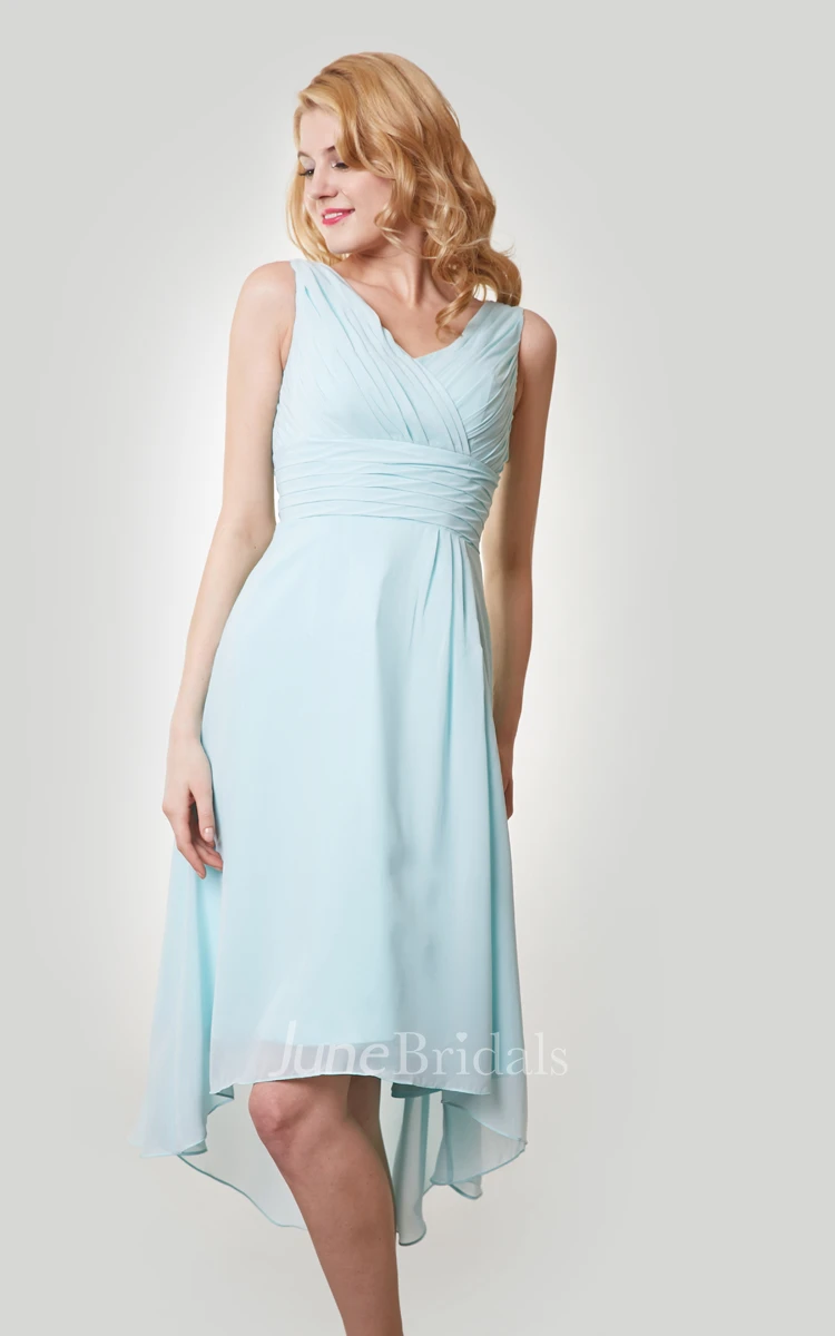 High-Low Chiffon Sleeveless V-Neck Dress With Ruching