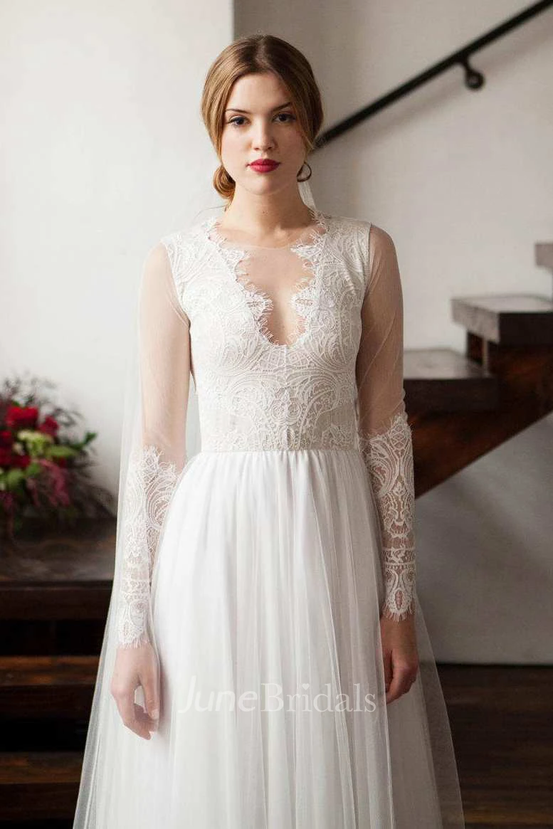 Illusion Scoop-Neck Long Sleeve Lace Tulle Wedding Dress With Pleats