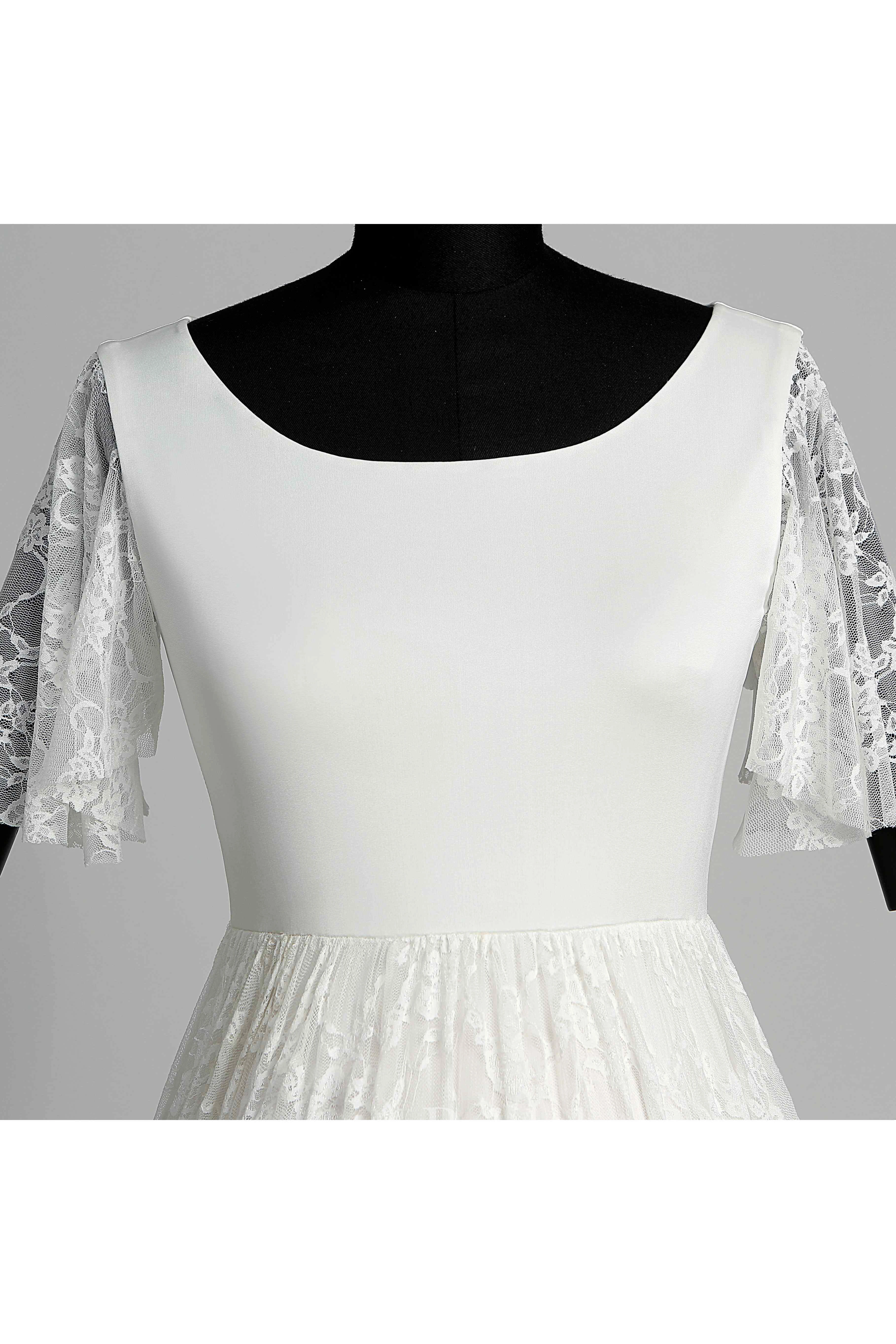 Floor-length Sweep/Brush Train A-line Scoop Illusion Short Sleeve Satin Lace Maternity Weeding Dress