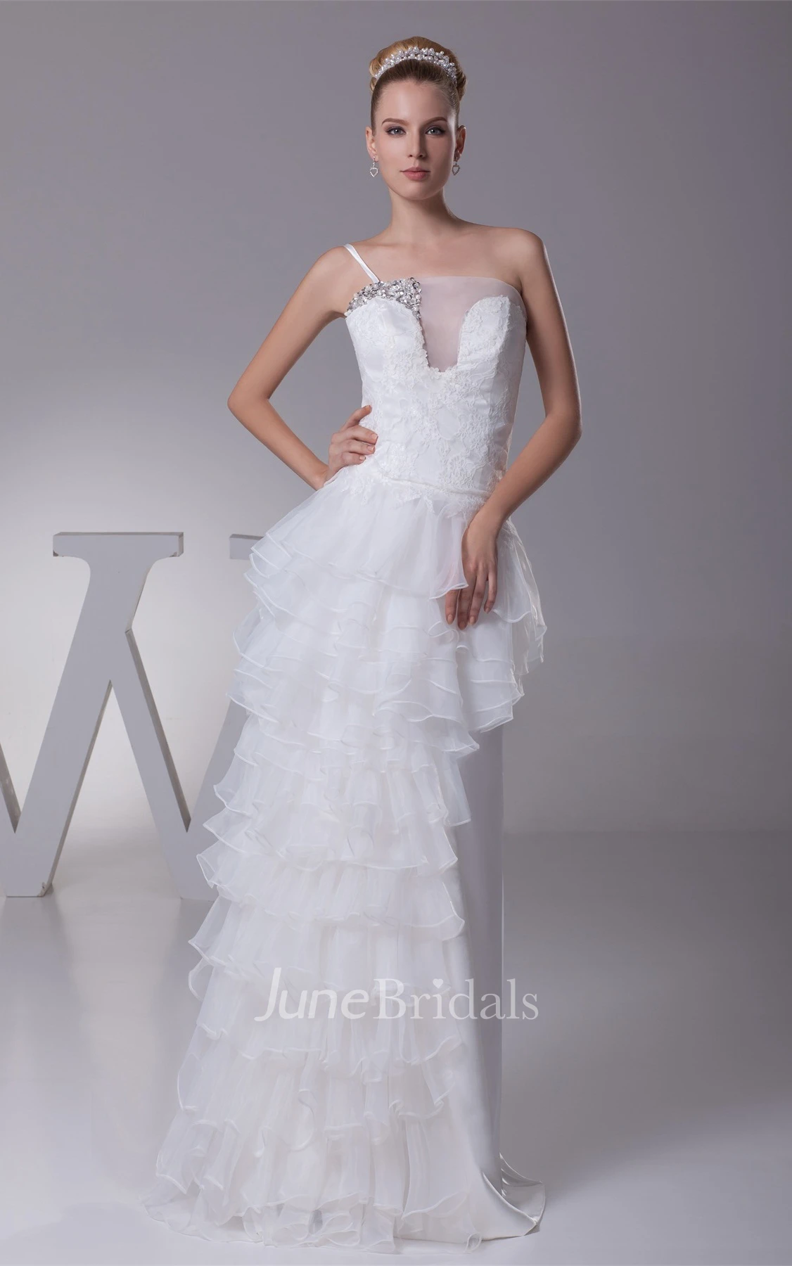 Single-Strap Tiered Floor-Length Dress with Beading and Appliques