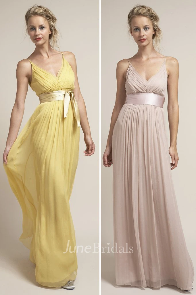 Sleeveless Bowed Spaghetti Chiffon Bridesmaid Dress With Low-V Back