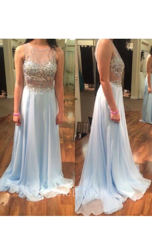 Sleeveless A-line Long Chiffon Dress with Illusion Bodice