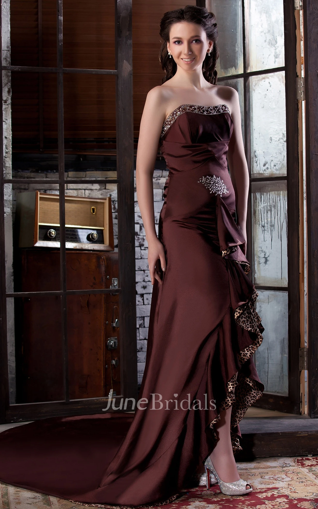 Strapless Satin A-Line Draped Dress With Beading and Leopard Print