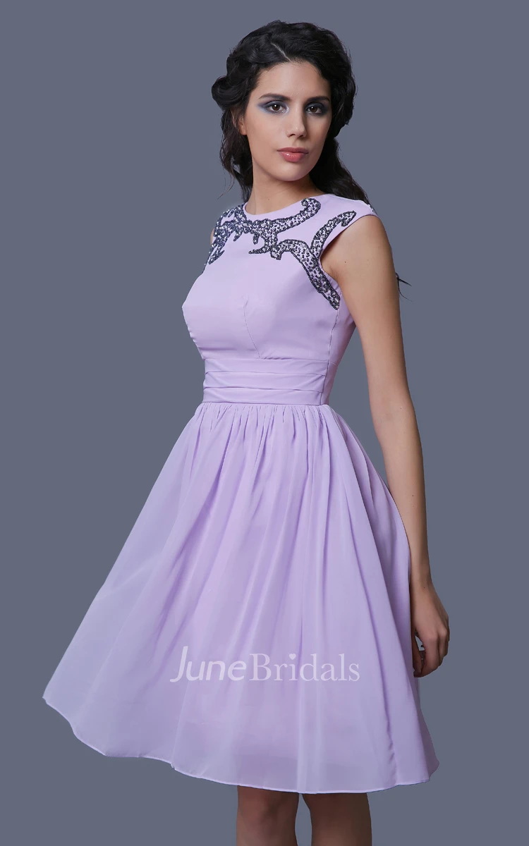 Short A-Line Sleeveless Chiffon Dress With Beadwork and Jewel Neck
