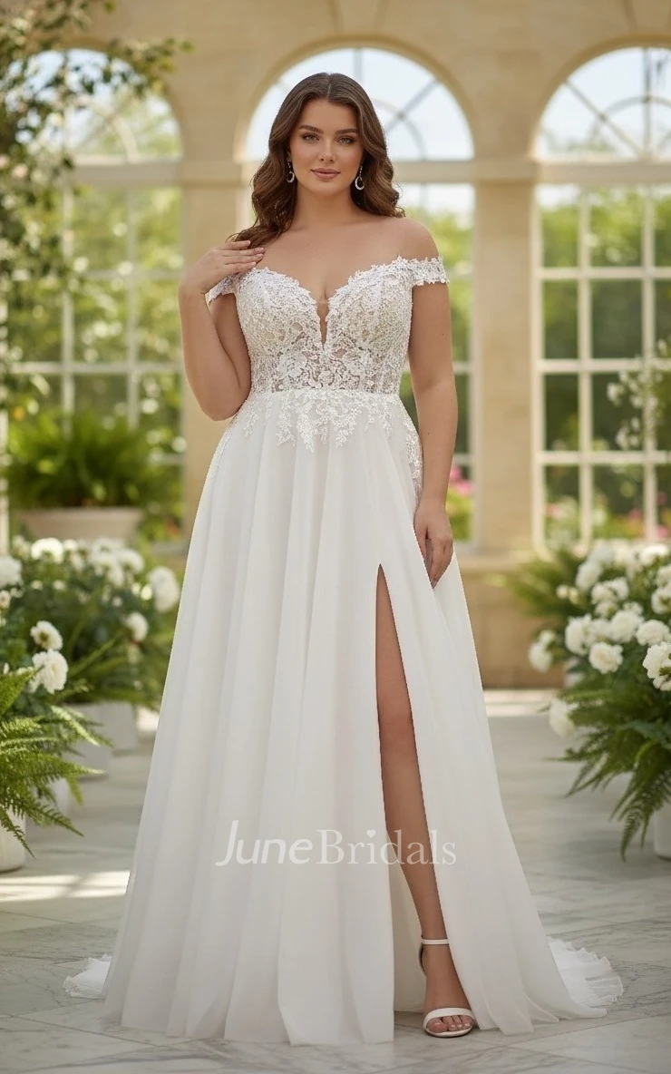 Plus Size Lace A-Line Wedding Dress Off-the-Shoulder Slit Sexy Bridal Gown