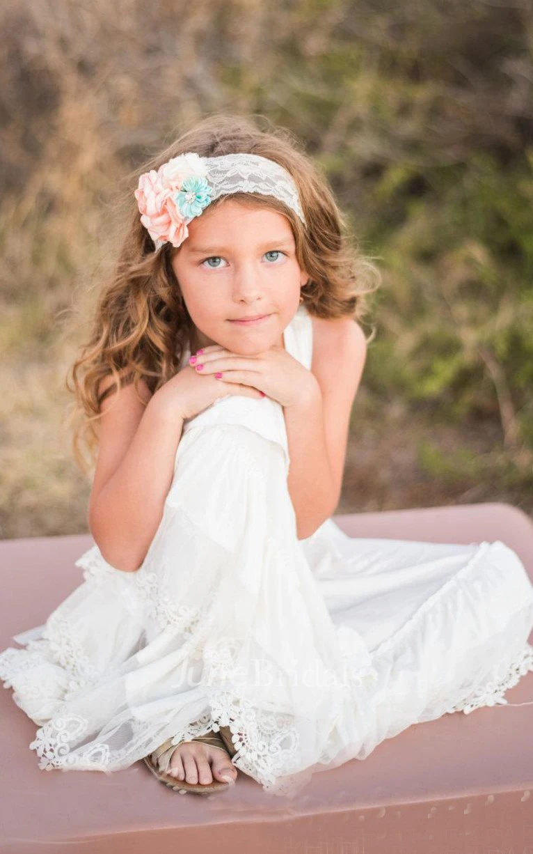Boho Flower Girl Beach Sleeveless V-neck Lace Dress