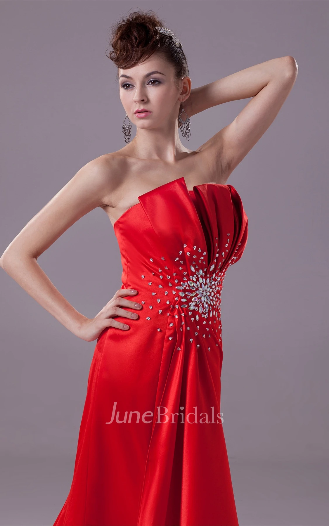 Floor-Length Layered Strapless A-Line Side Draping Gown with Beadings