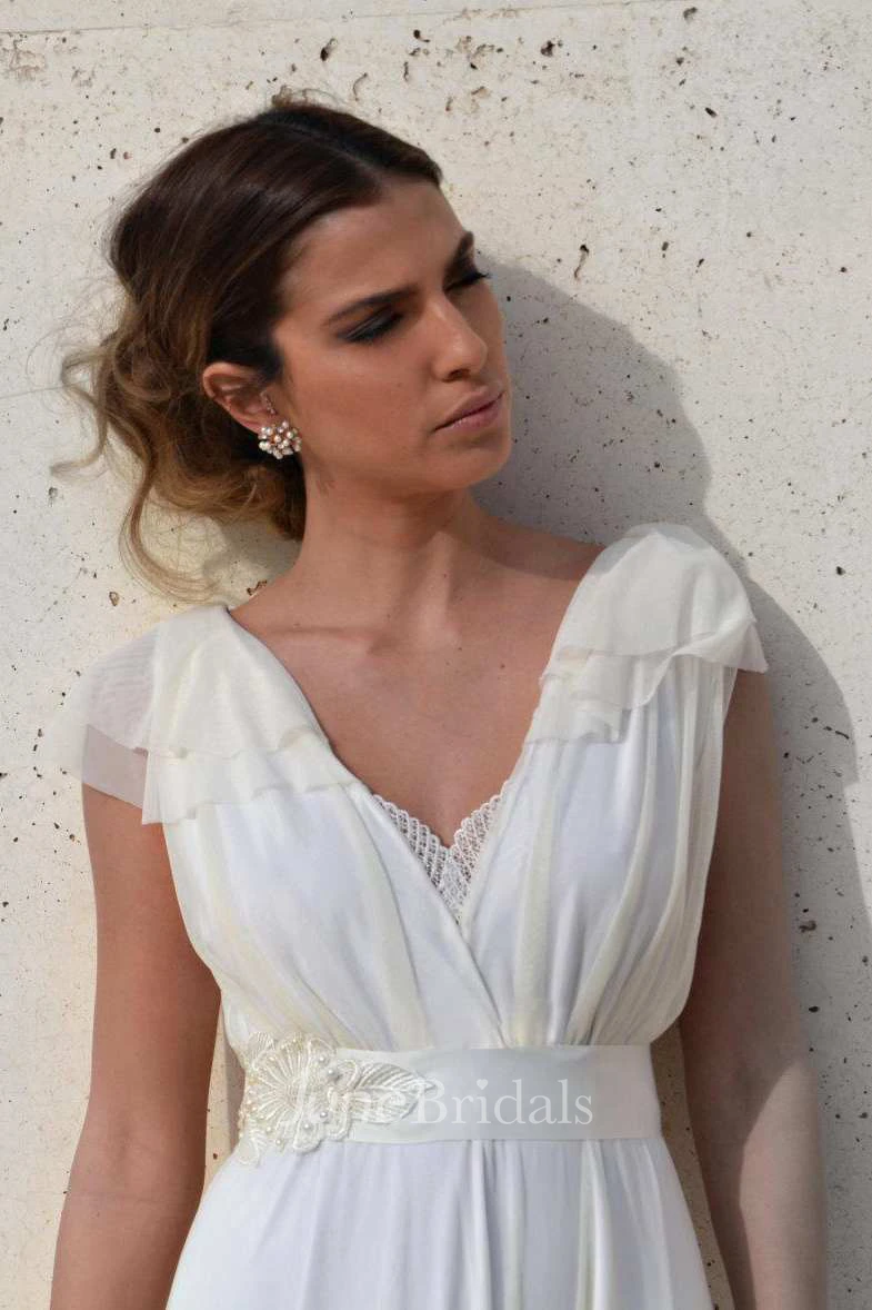 Plunged Cap-Sleeve Chiffon Tulle Ankle-Length Wedding Dress With Bow