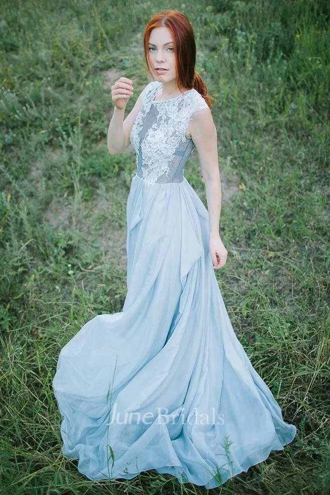 Jewel-Neck Sleeveless A-Line Chiffon Draped Dress With Lace Appliqued Top