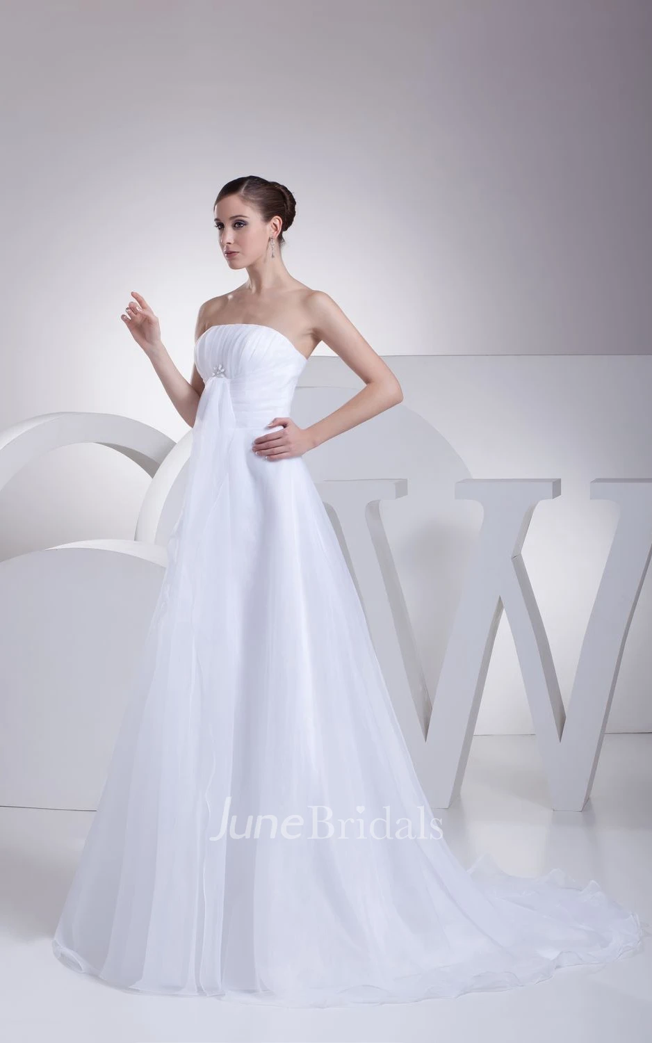 Intricate Strapless Tulle A-Line Dress With Ruching and Broach
