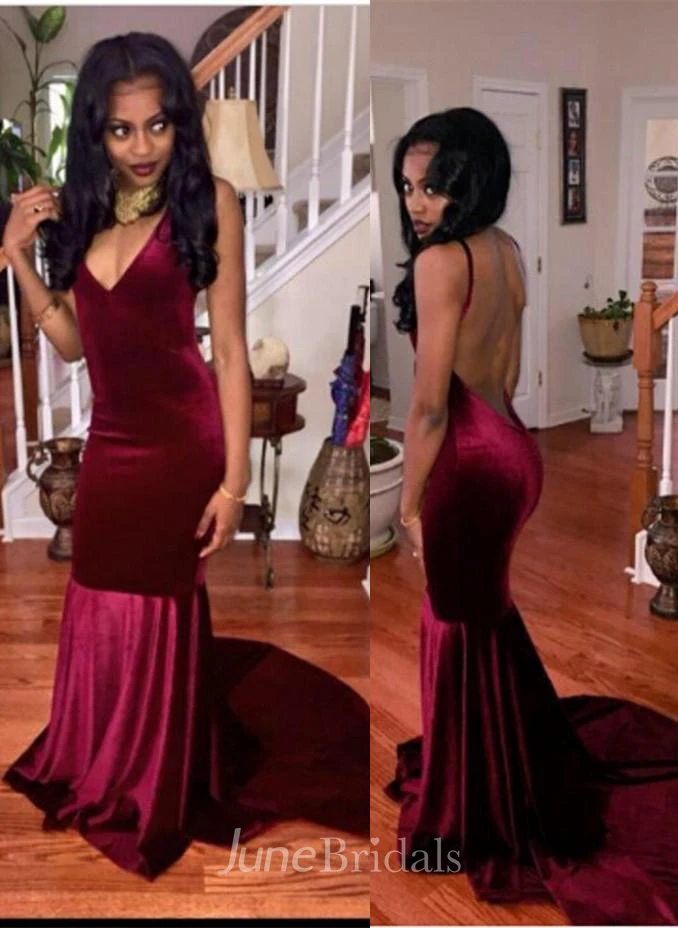 Stunning V-Neck Sleeveless Prom Dresses Burgundy Mermaid Long Evening Gown