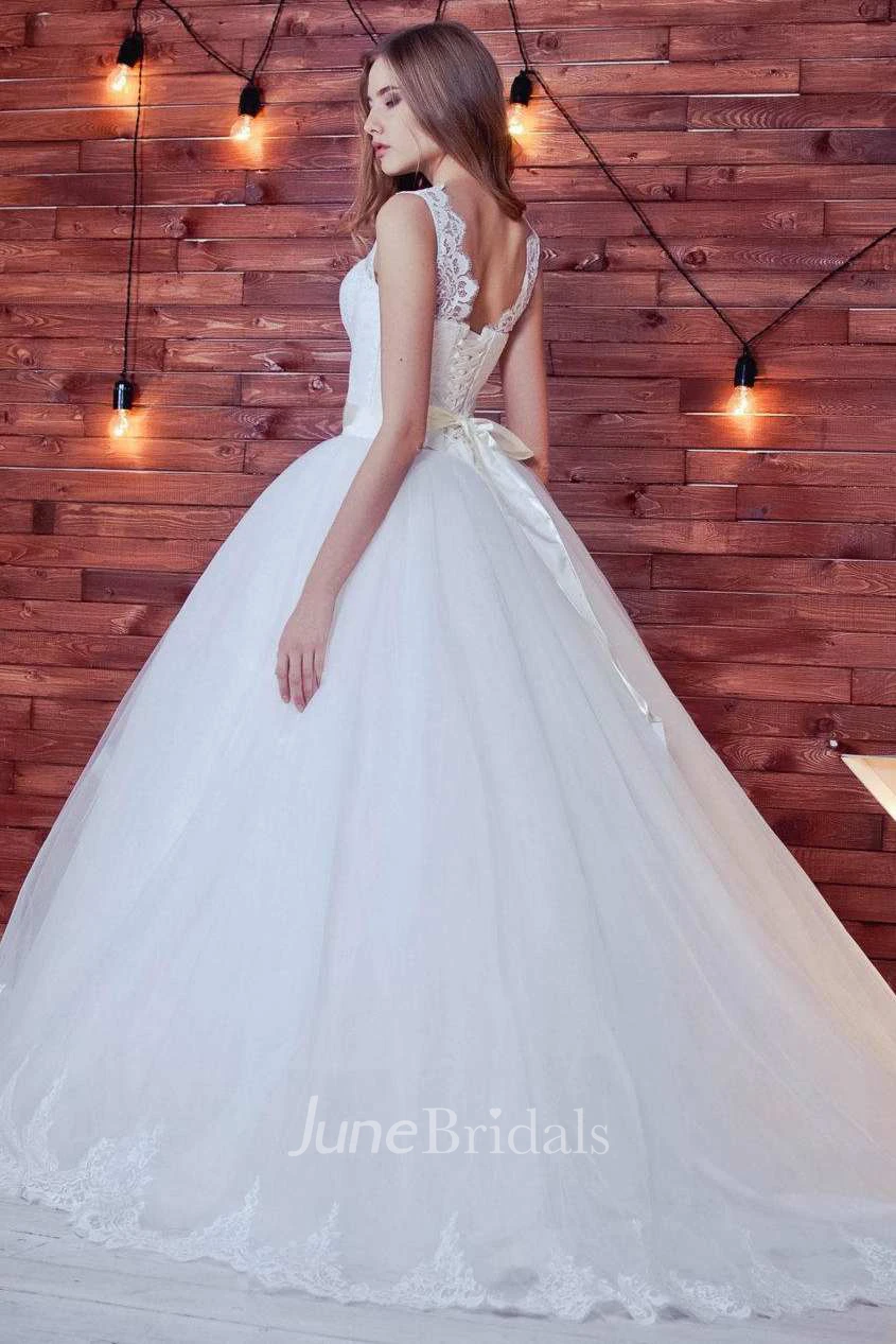 Ball Gown Straps V-Neck Tulle Lace Wedding Dress