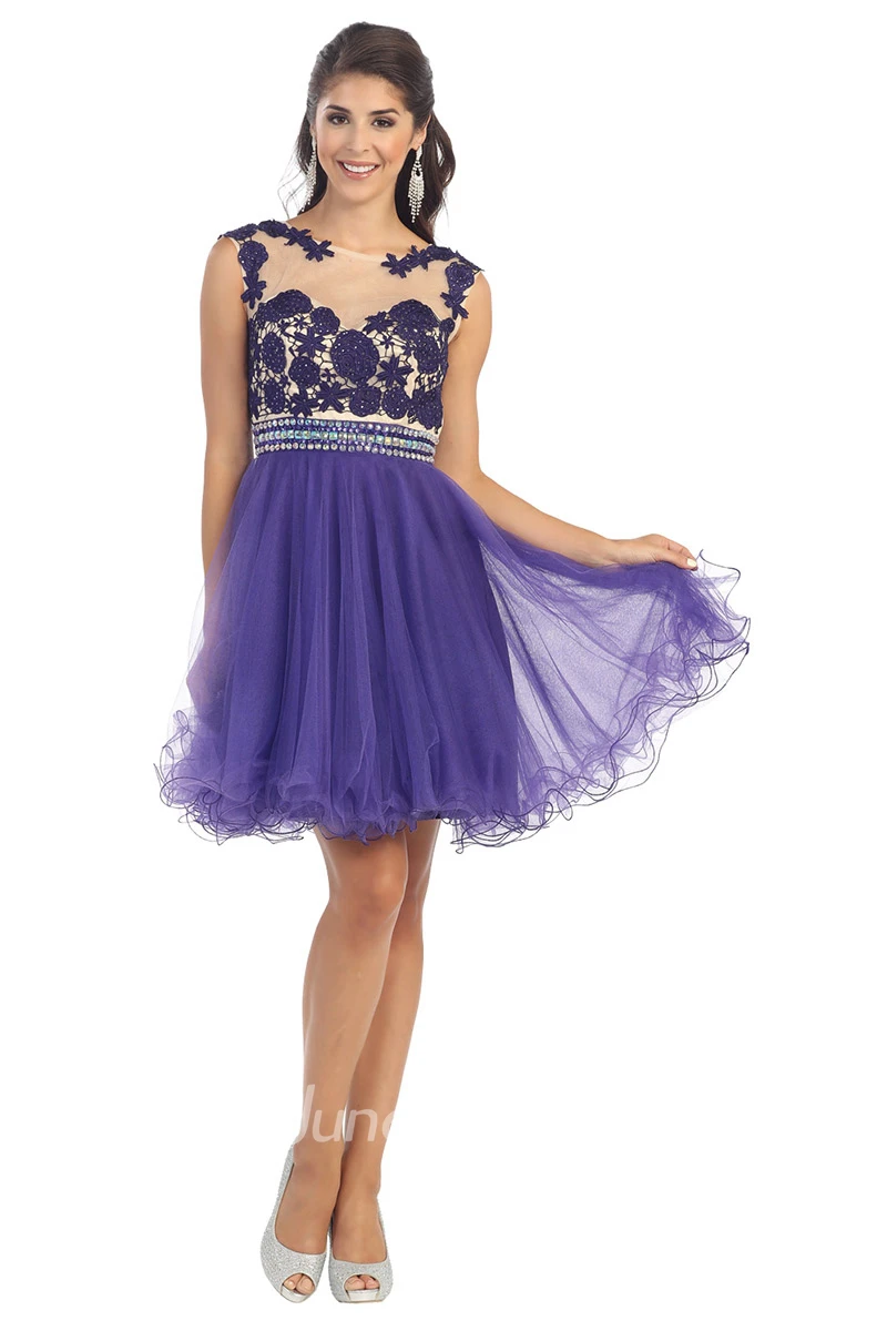 A-Line Short Scoop-Neck Sleeveless Tulle Illusion Dress With Appliques And Pleats