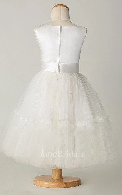Flower Jewel Neckline Tulle&Satin Dress With Beading and Flower