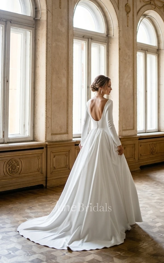 Modest Western A-Line Long Sleeve Spring Wedding Dress Simple Modern Solid Low Back Ball Gown with Court Train