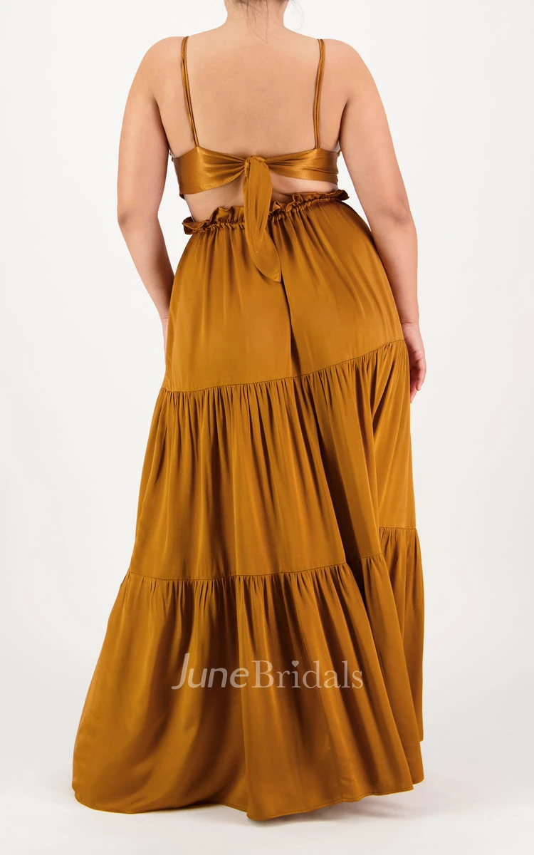 Elegant Two Piece Spaghetti Charmeuse Bridesmaid Dress with Split Front and Ruching