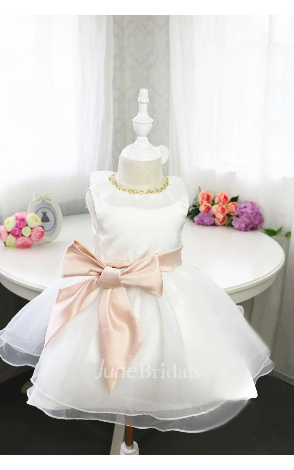 Glitz Sleeveless Beaded Jewel Neck Pageant Organza Dress With Bow Sash