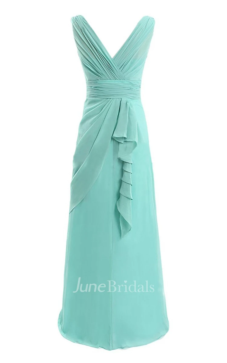V-neck Drapped Chiffon A-line Gown With Ruched Band