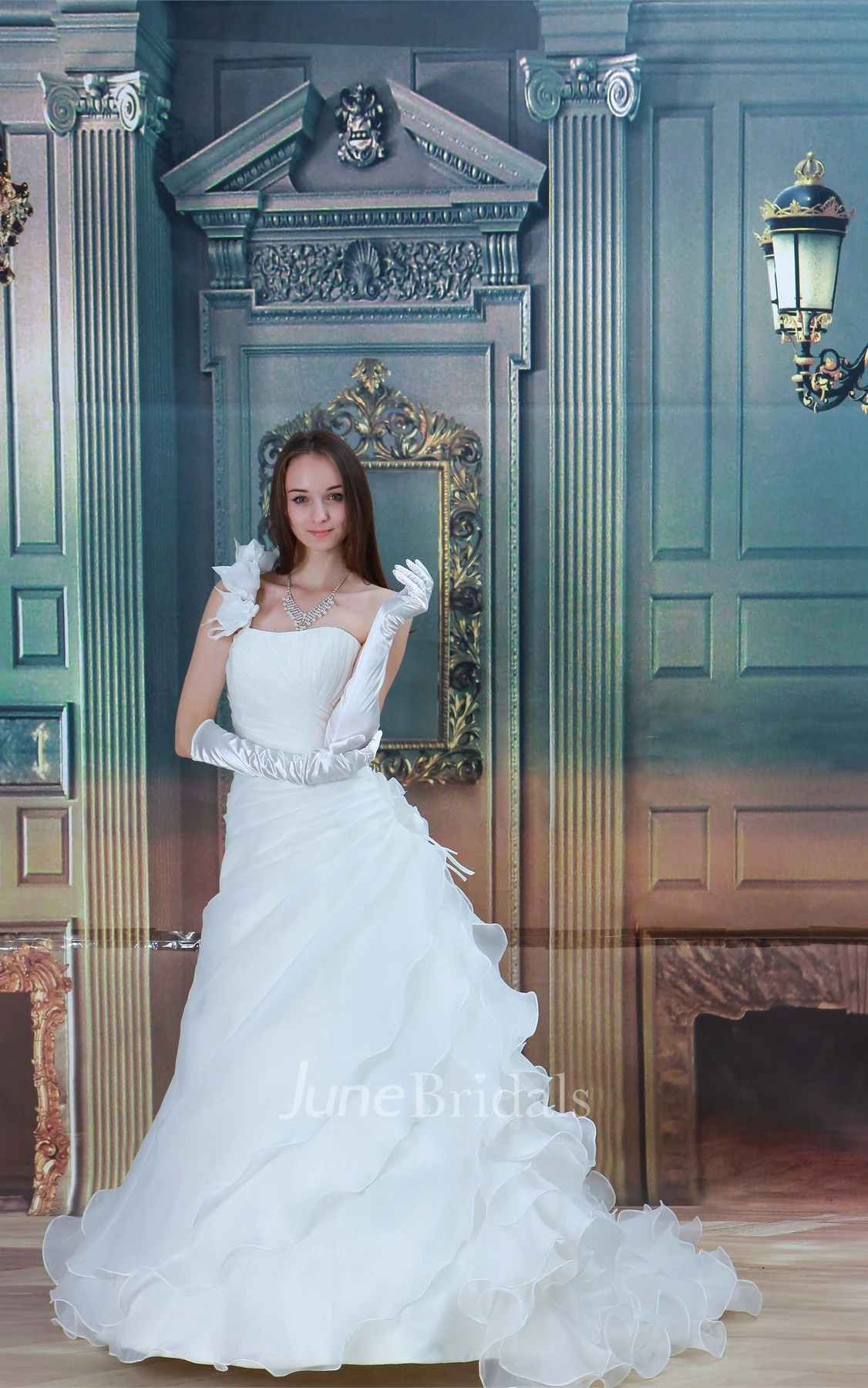 Sleeveless Ruched A-Line Dress with Flower and Ruffles