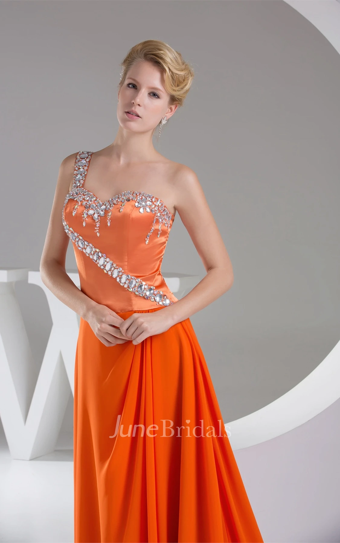 Sweetheart Chiffon A-Line Gown with Rhinestone and Single Strap