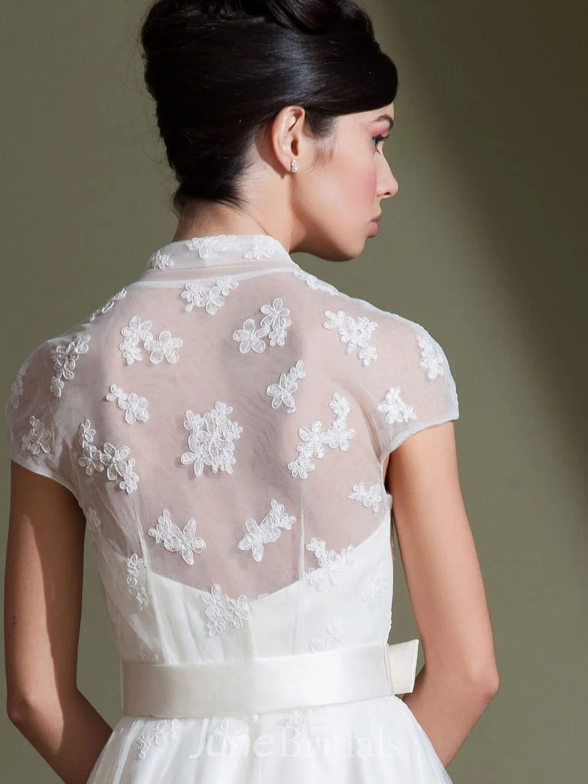 Ankle-Length A-Line V-Neck Cap Sleeve Appliqued Tulle Wedding Dress