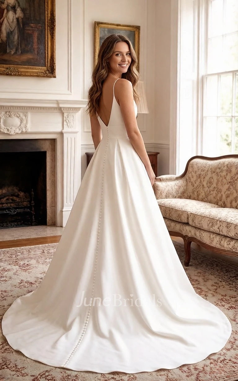 Minimalist A-Line Sleeveless Satin Wedding Dress Modern Deep V-Neckline Spaghetti Straps Pocket Bridal Gown