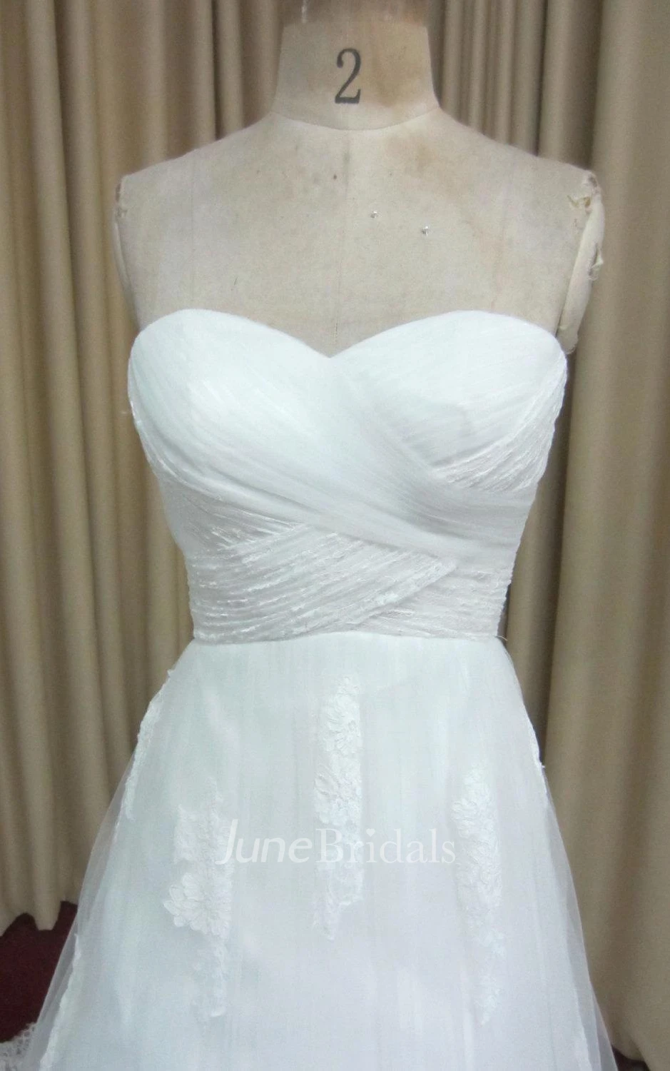 Long A-Line Criss-Cross Wedding Dress With Lace Trim and Ruching