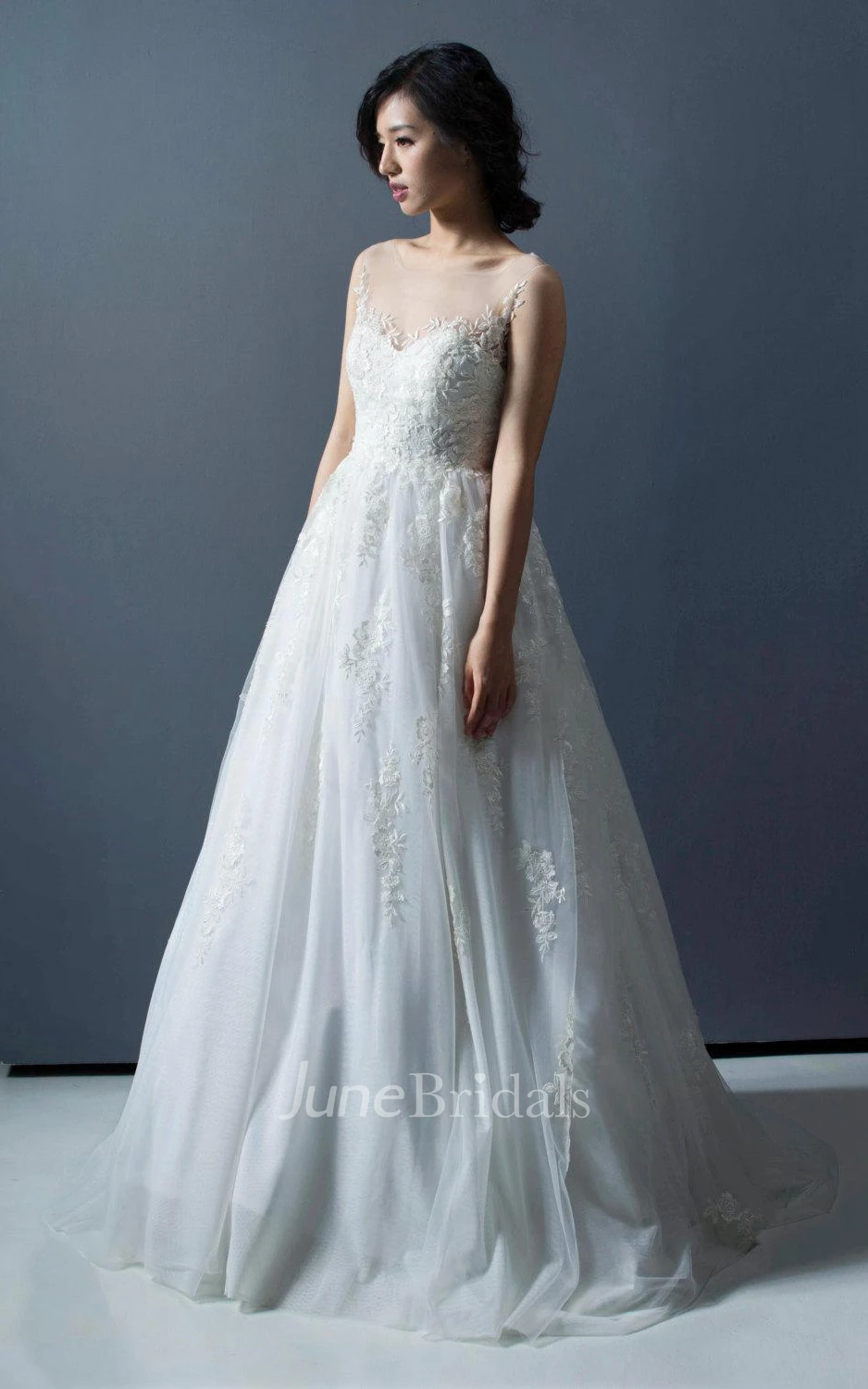 Bateau Illusion Neck A-Line Tulle Dress With Appliques