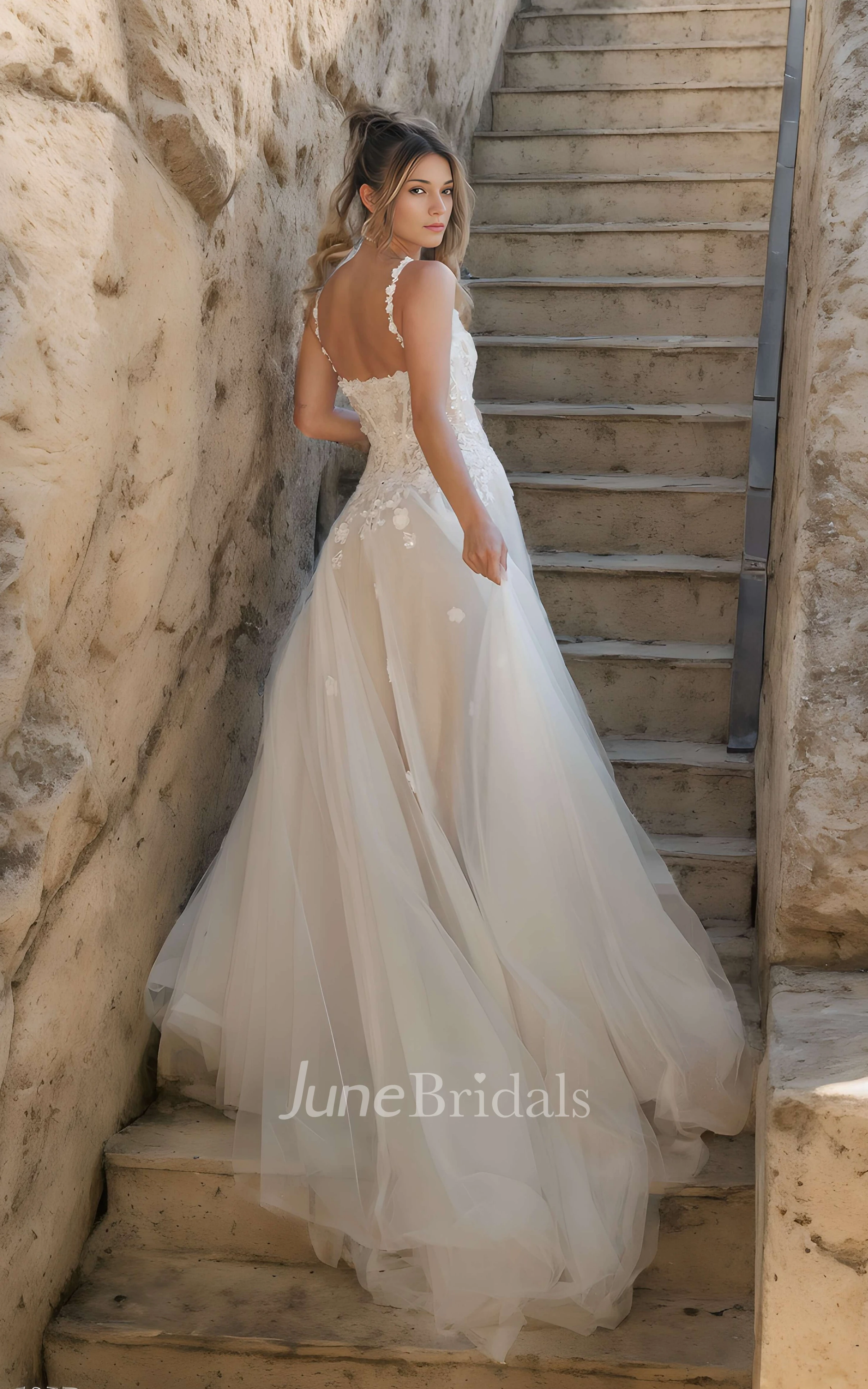 Ethereal Romantic A-Line Lace Bohemian Wedding Dress with Front Slit Flower Strap Sweetheart Gown