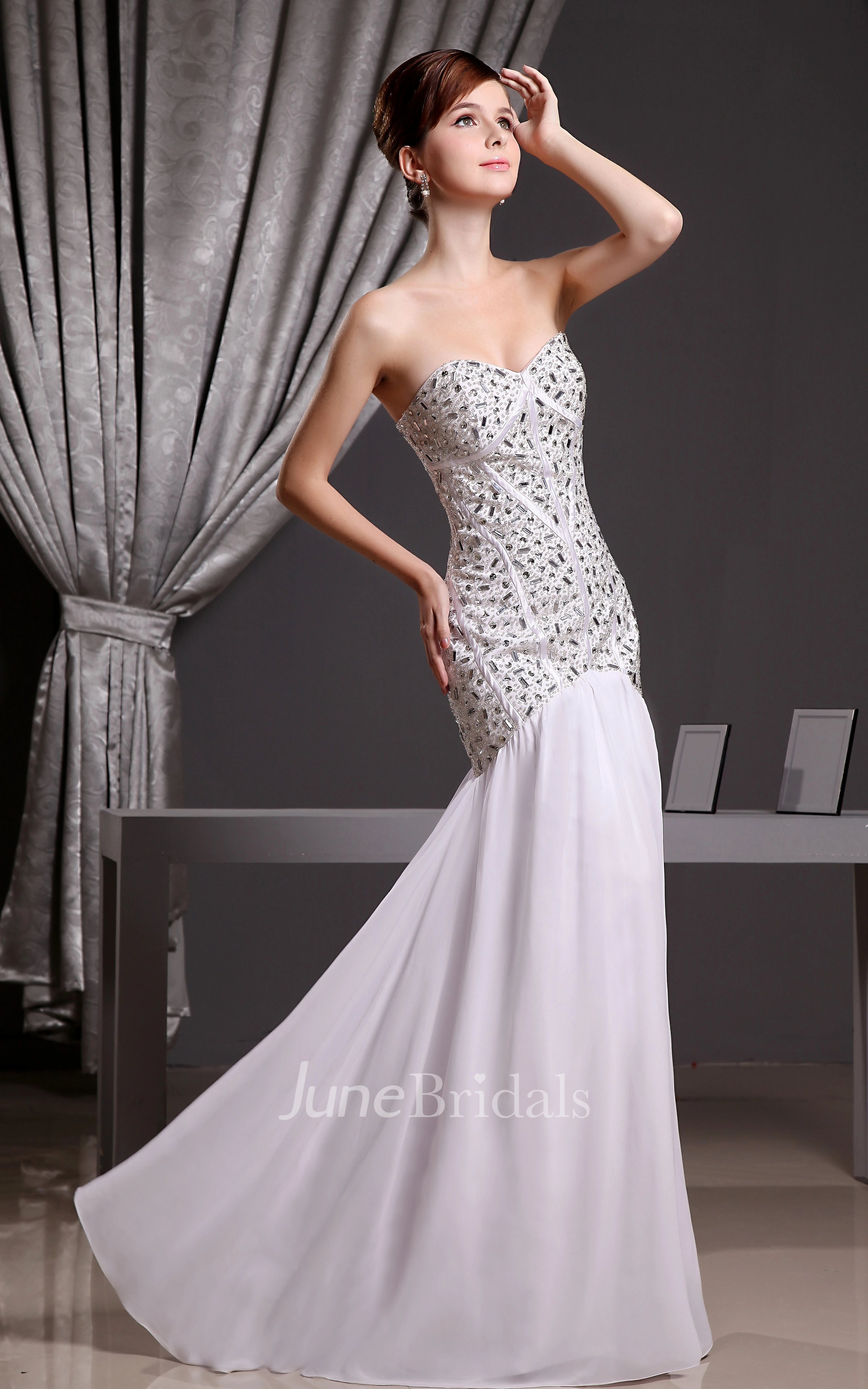 Strapless Chiffon Floor-Length Sheath Dress With Beading