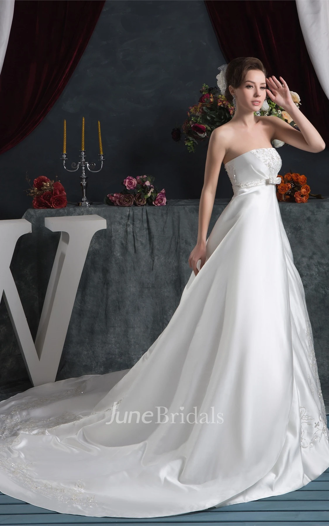 Strapless Satin A-Line Gown with Embroideries and Bow