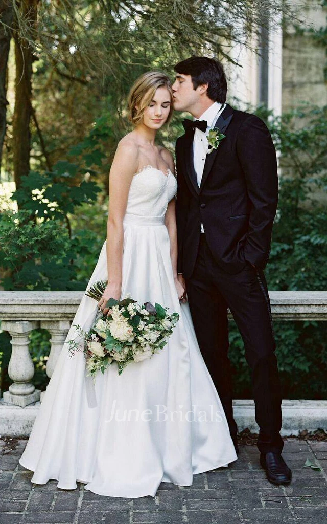 A-Line Sweetheart Floor-Length Lace Satin Dress