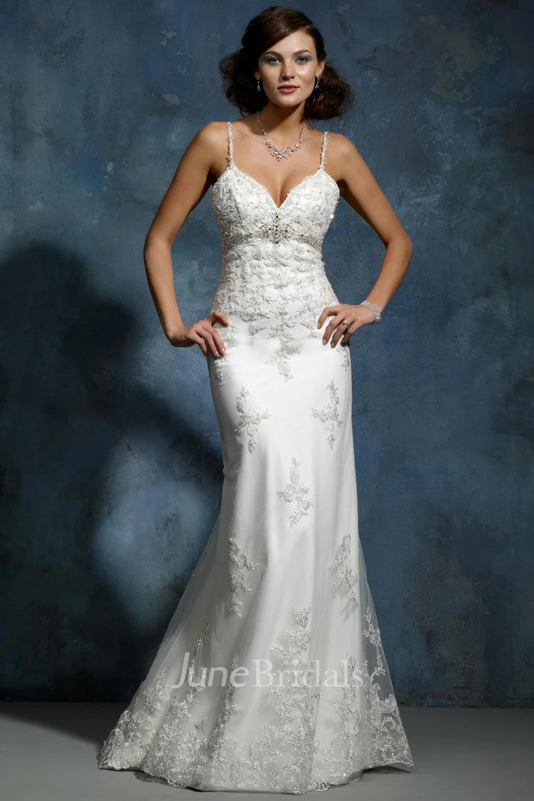 Spaghetti Strap Lace Sheath Spring Wedding Dress with Waist Jewelry Modern Bridal Gown