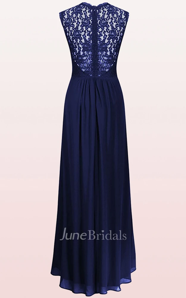 A Line Scalloped Chiffon Lace Sleeveless Evening Dress With Ruffles