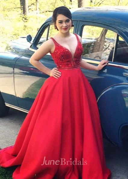 Modern V-neck Red Beadings Wedding Dress Ball Gown Sleeveless