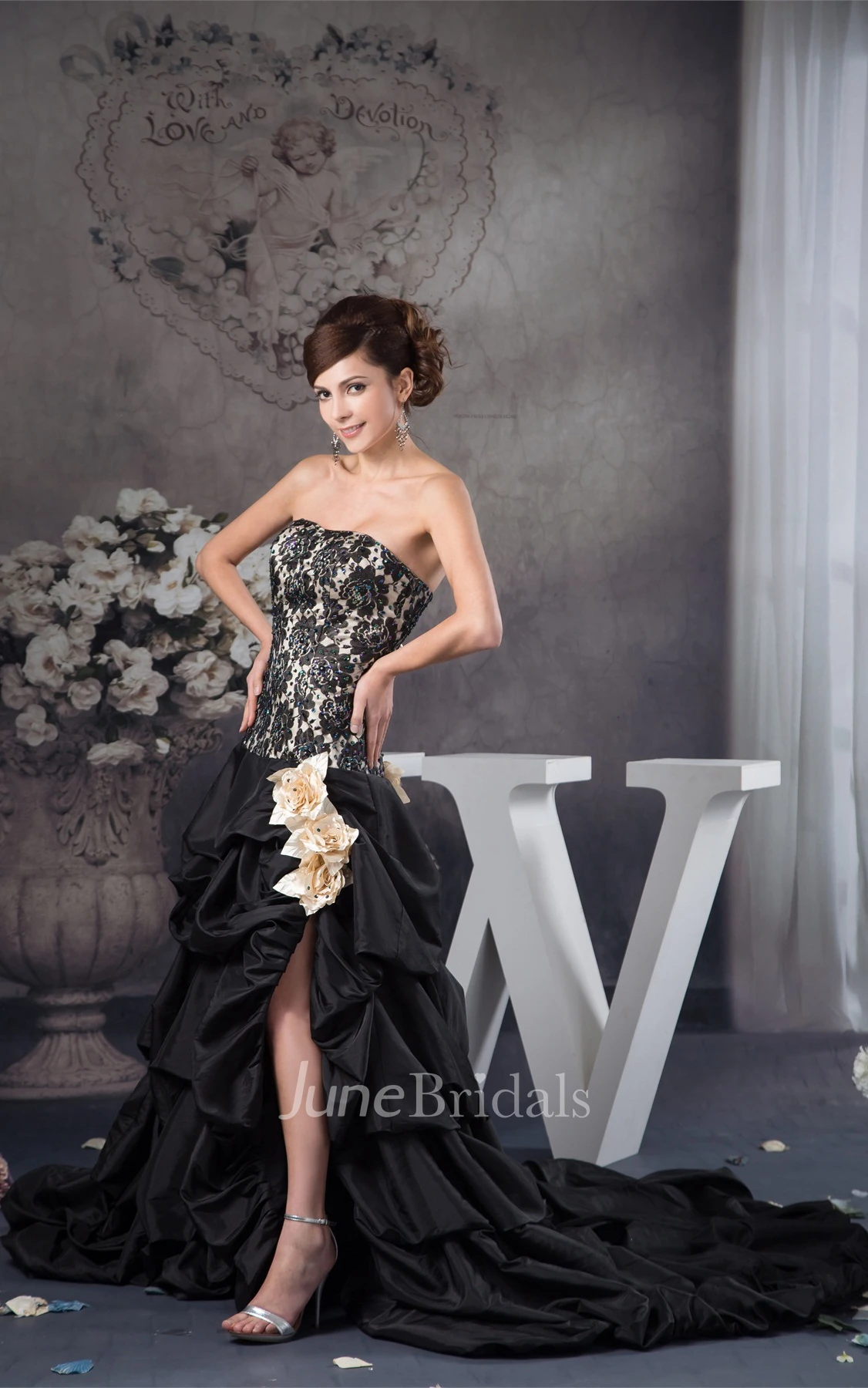 Strapless Front-Split Pick-Up Gown with Appliques and Flower