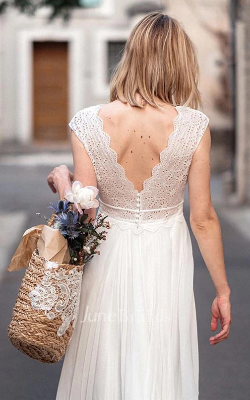 Ethereal Chiffon Lace V-neck A Line Short Sleeve Wedding Dress with Low-V Back
