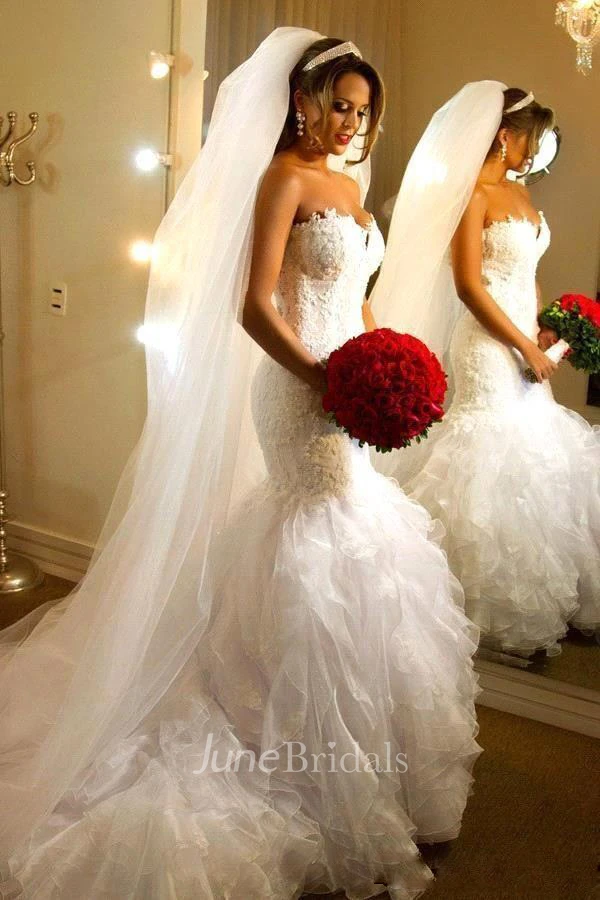 Sexy Sweetheart Backless Organza Drapped Mermaid Lace Wedding Dresses 