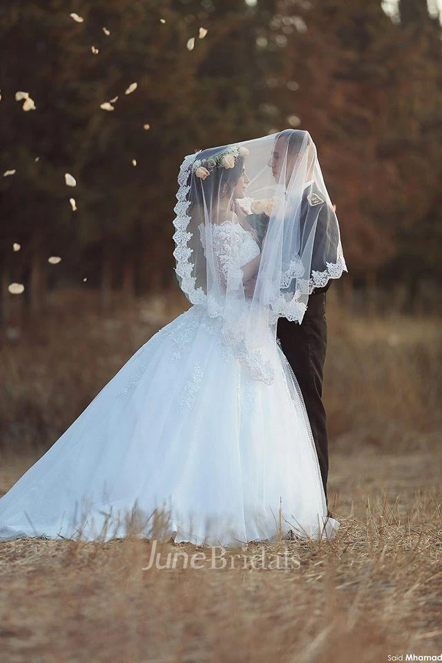 Elegant Tulle Lace Appliques Ball Gown Wedding Dress Half Sleeve