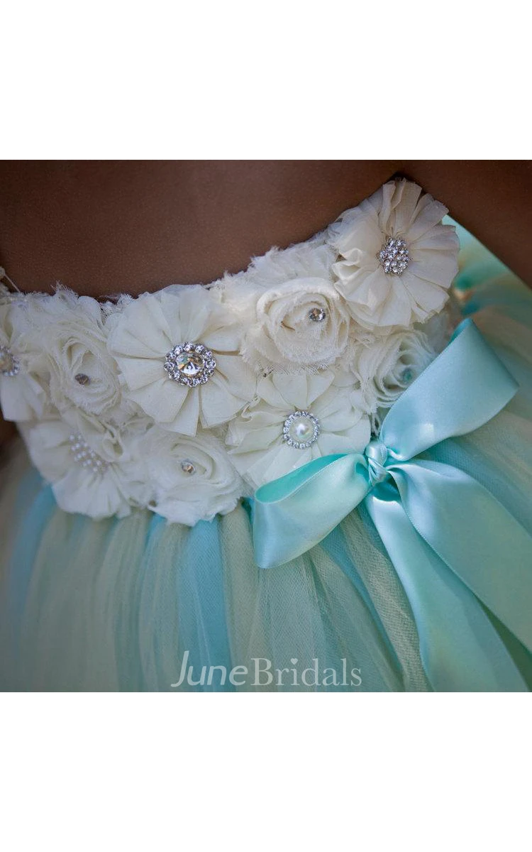 Floral One Shoulder Pleated Tulle Aqua and Champagne Flower Girl Dress