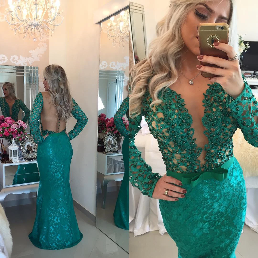 Stunning Long Sleeve Lace Evening Dress Pearls Mermaid Prom Gown