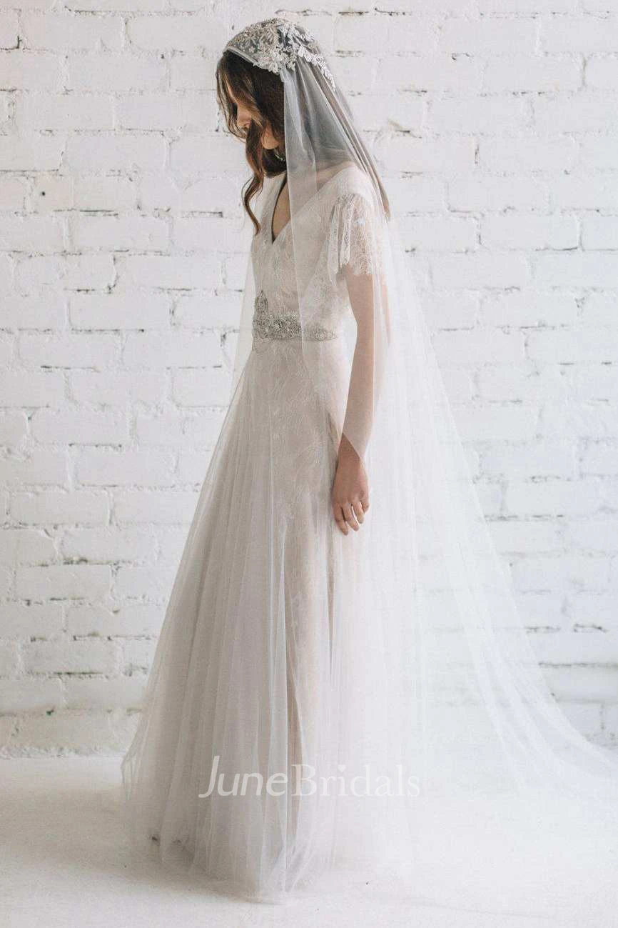 Plunged Poet-Sleeve Tulle Lace Wedding Dress With Beading