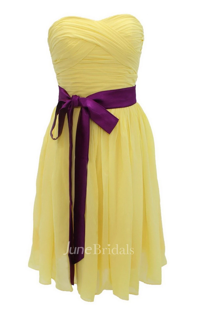 Strapless Ruched Dress WIth Satin Sash and Drapping