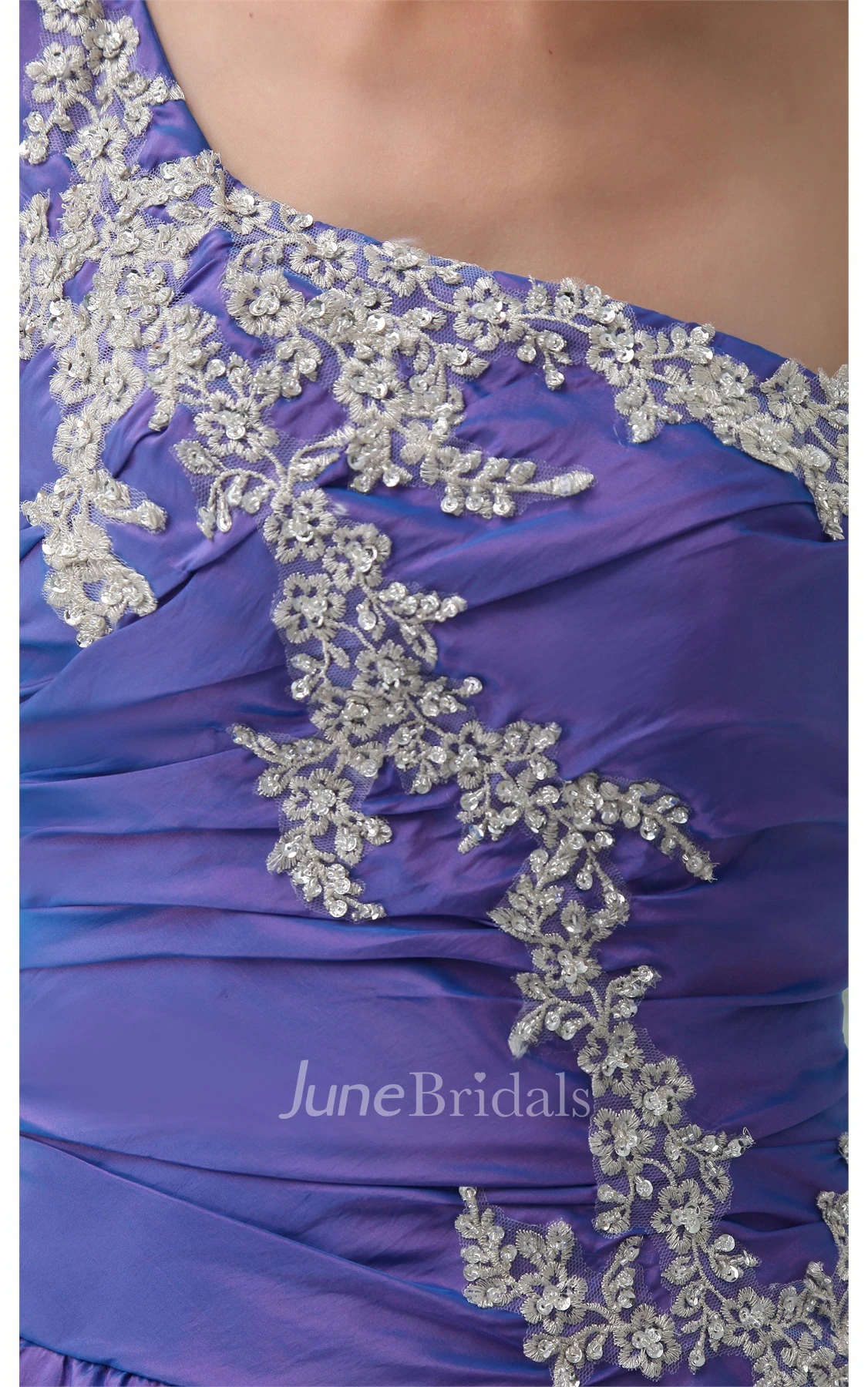 One-Shoulder Ruched Pick-Up Ball Gown with Appliques