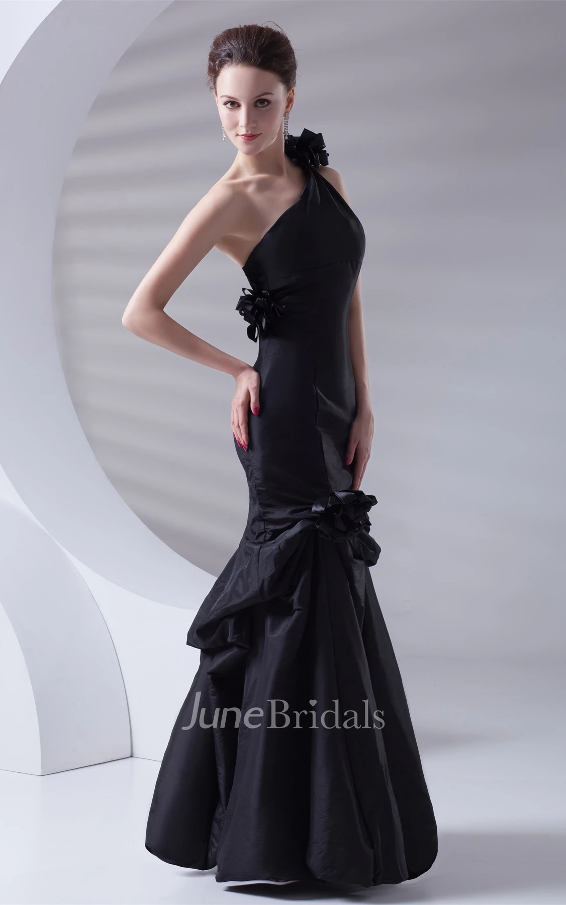 satin mermaid one-shoulder gown with flower and pick up